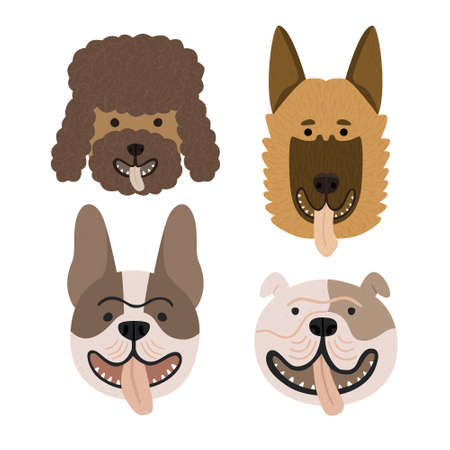 Cute dog breeds collection set vector. Poodle, german shepherd, english and french bulldog portraits. Hand drawn flat funny doggy faces with tongue out. Cartoon smiling pet animal print illustrationのイラスト素材