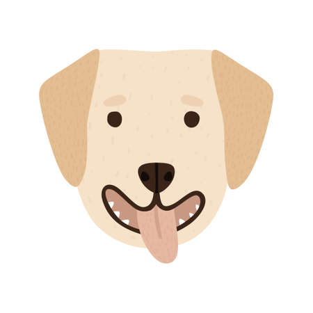 Cartoon labrador retriever dog breed portrait isolated on white. Doggy face drawn by hand. Fun cheerful pet character with tongue out, domestic animal illustration. Flat style art print vector designのイラスト素材