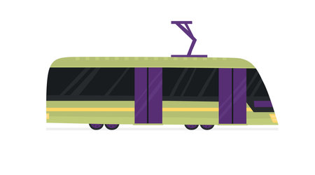 Modern city tram wagon vector illustration. Cartoon flat transport isolated on white background. Hand drawn public urban vehicle in side viewのイラスト素材