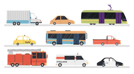Collection set of flat hand drawn city transport isolated on white background. Cartoon automobile, truck, tram, bus, pickup, police car, ambulance, firetruck, taxi. Urban public vehicles vectorのイラスト素材