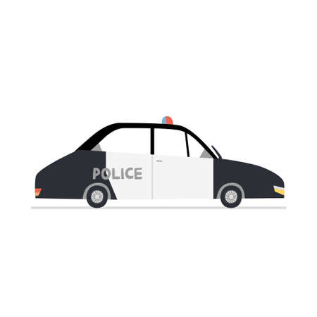 Flat police car vector illustration. Cartoon hand drawn policeman's transportation isolated on white background. Cute black and white urban vehicle with siren. Patrol automobile side view designのイラスト素材