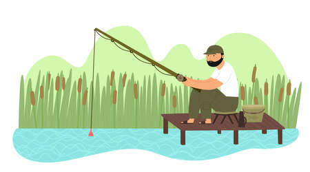 Cartoon smiling young man with beard with fishing rod on lake vector illustration. Hand drawn flat happy caucasian fisherman sitting on wooden pier with fishing pole. Summer vacation and outdoor hobbyのイラスト素材