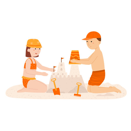 Two happy caucasian children build sandcastle vector illustration. Cartoon flat girl and boy playing with sand and toys on beach. Summer outdoor vacation, kids characters wearing swimsuits and hatsのイラスト素材