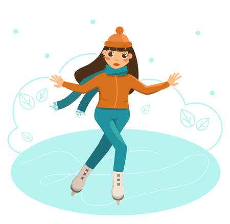 A girl with dark hair in a cap goes ice skating in winter. Snow is falling.のイラスト素材