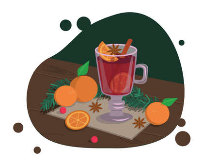 There is a glass with mulled wine, tangerines, anise, a spruce branch on a wooden table. Vector graphicsのイラスト素材
