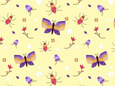 A pattern with insects on a yellow background, namely butterflies, and various beetles
