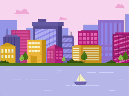 Urban evening landscape, where various houses, skyscrapers and trees are located near the embankmentのイラスト素材