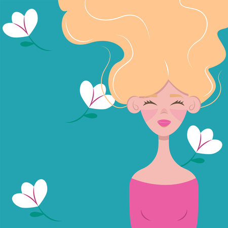 An illustration with a beautiful blonde girl, where her blonde hair flies up. It can be used for postcards, website design, printing and much more.のイラスト素材