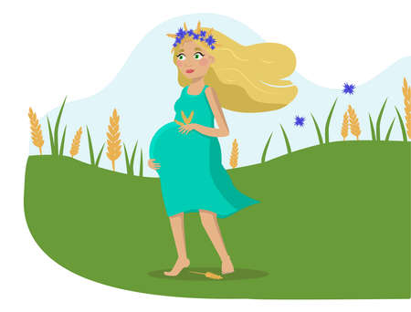 A beautiful and happy pregnant blonde woman in harmony, with a flower wreath on her head. On the background is a blue sky, a field or clearing, grass and ears of cereals.のイラスト素材