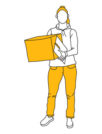 Courier girl with a box in her hands. minimalism. Linart and bright yellow color.のイラスト素材