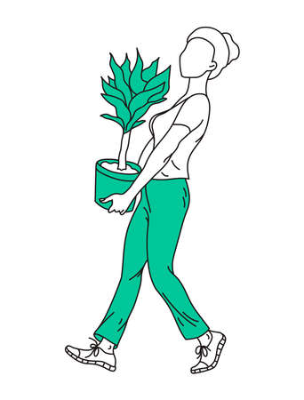 The girl carries a potted houseplant. minimalism. Linart and bright turquoise color.のイラスト素材
