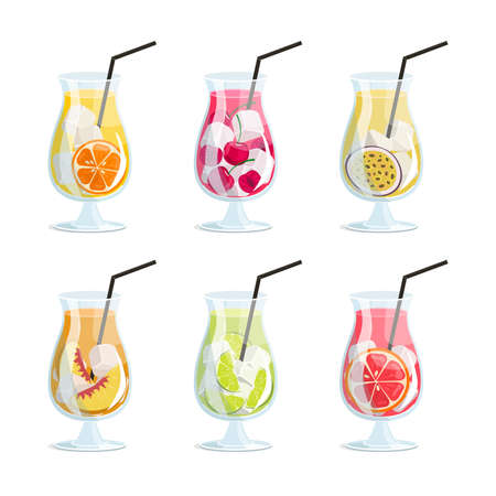 A set of glasses with different fruit and berry juices or cocktails with ice and slices.のイラスト素材