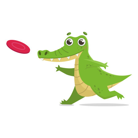 Summer illustration: Crocodile runs and plays with frisbee. On vacation, on the beach or in the pool.のイラスト素材