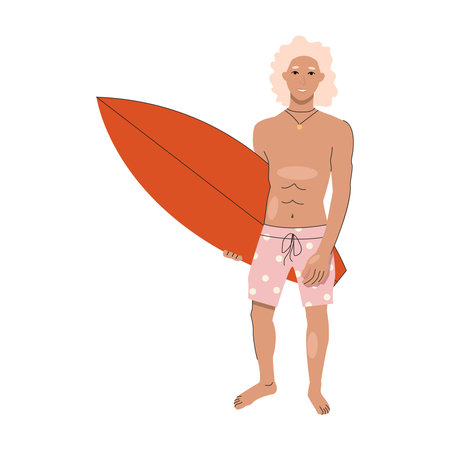 A blond guy in a swimsuit holds a surfboard in his hands.のイラスト素材