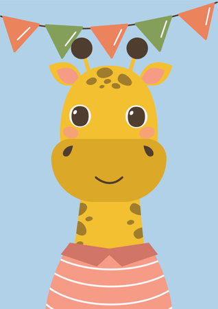 One card/poster from the cute animal portrait collection. Festive giraffe.のイラスト素材