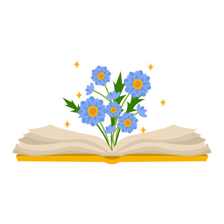 Vector open book with a bouquet of beautiful flowers and stars.のイラスト素材