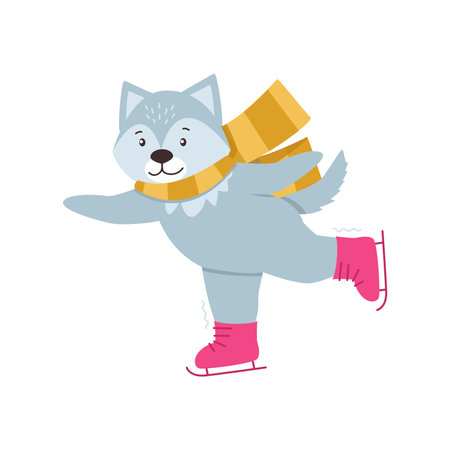 Collection of winter animals. A cute wolf in a scarf skates.のイラスト素材