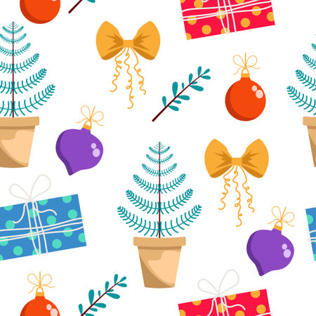 Christmas or New Year's Eve seamless pattern. Spruce in a pot, bow, gifts, twig, Christmas tree toys.のイラスト素材