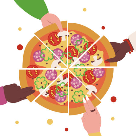 People eat together delicious pizza with pepperoni, mushrooms, tomatoes, peppers, and cheese. view from above. Hands holding slices.のイラスト素材