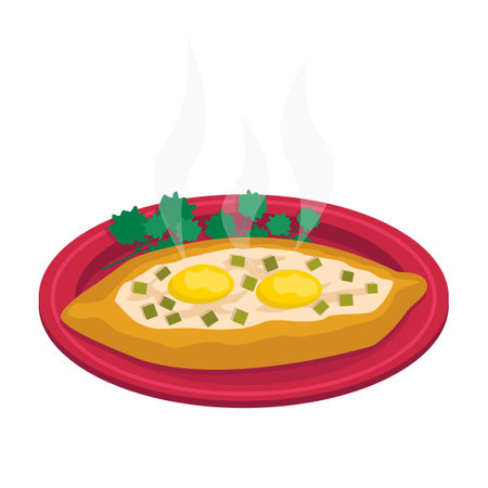 <p>Georgian food. Adjarian khachapuri. Boat-shaped bread pie stuffed with cheese, butter and egg yolk.</p>のイラスト素材