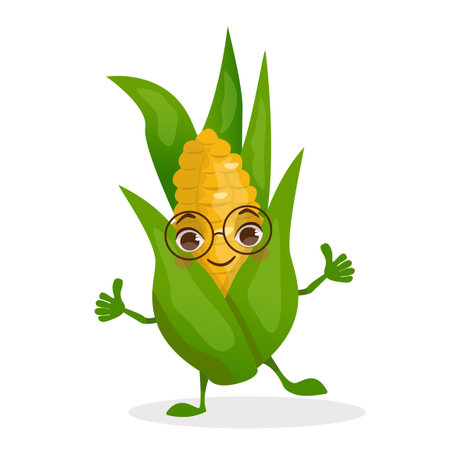 Vegetable vector cartoon character - corn. Vegetable with a face, arms and legs.のイラスト素材