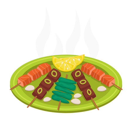 Barbecue. BBQ. Fried meat, fish, vegetables. Lemon.のイラスト素材