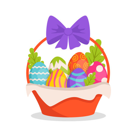 vector illustration. Basket with a bow with painted bright eggs. Easter holiday. set.のイラスト素材