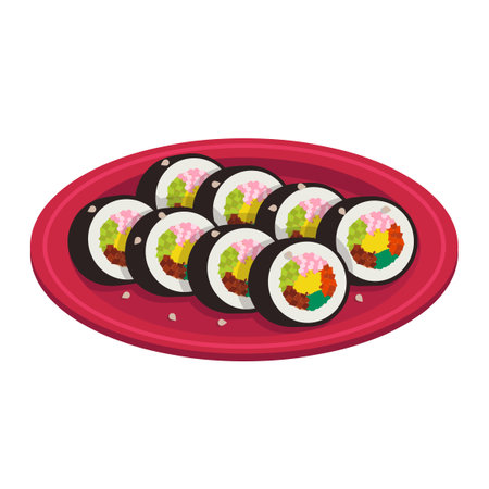 kimpup. Nori, rice, vegetables, egg, crab sticks. Rolls. Korean food.のイラスト素材