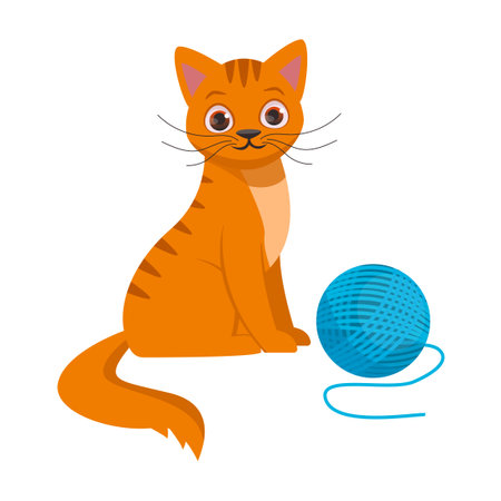 Cute vector ginger cat sits next to a blue ball of thread.のイラスト素材