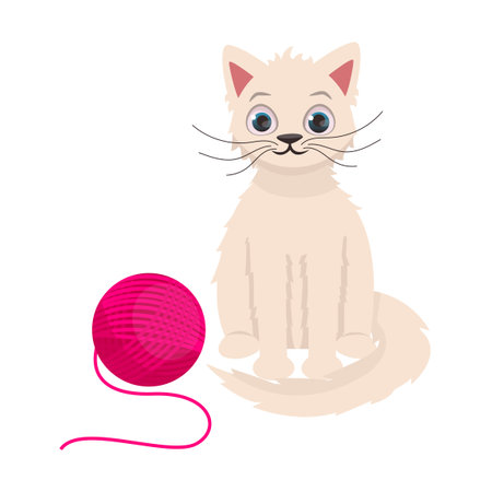 Cute vector fluffy white cat sits next to a pink ball of thread.のイラスト素材