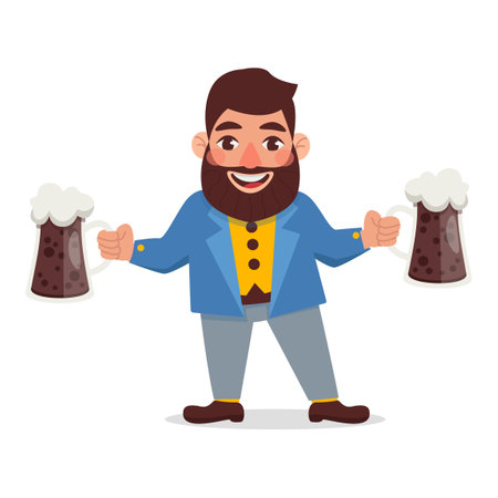 Man with a beard in a jacket holds two glasses of dark beer.のイラスト素材