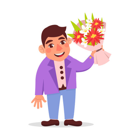 Vector illustration of a man in a jacket holding a beautiful bouquet of flowers.のイラスト素材
