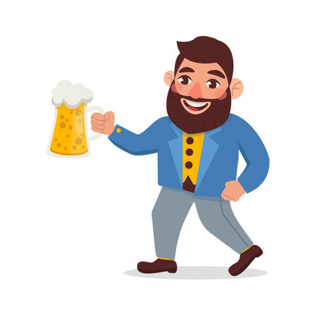 Man with a beard in a jacket holds a glass of light beer.のイラスト素材