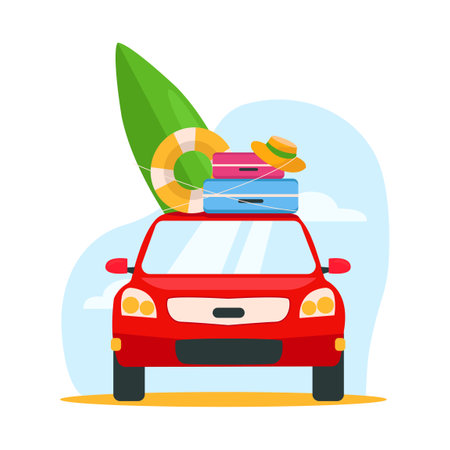 The red car with things goes on vacation. Suitcases, a surfboard, a hat, an inflatable circle are fixed on the roof.のイラスト素材