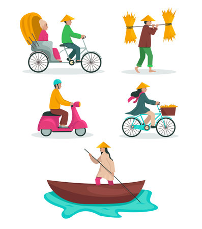 Vietnam. People of Vietnam. They ride bicycles, mopeds, boats, rickshaws, walks.のイラスト素材
