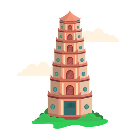 Thien Mu Pagoda in Vietnam. Historical landmark, beautiful architecture. Vector isolated.のイラスト素材
