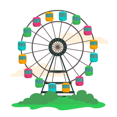 Ferris wheel, bushes, clouds. Vector graphics isolated.のイラスト素材