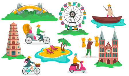 Vietnam country. Set of illustrations of Vietnam landmarks and people. Vector isolated graphic.のイラスト素材