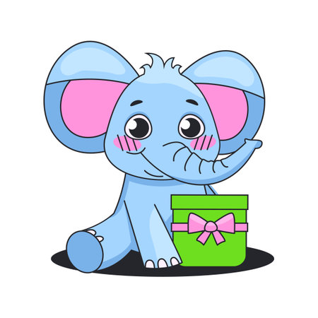 Cute elephant sits with a gift box. animal character.のイラスト素材