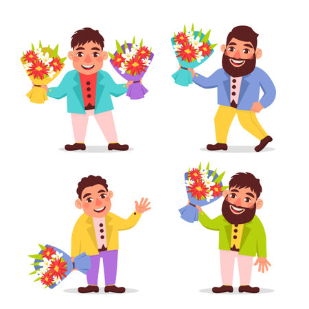 Set of men with beautiful bouquets. congratulations on the holiday. Romantic.のイラスト素材