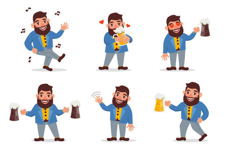 Set of funny characters of men drinking alcohol, celebrating or at a party.のイラスト素材