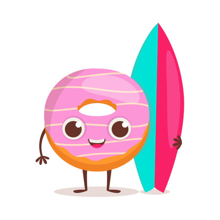 Cute dessert character. Donut with icing holding a surfboard. summertime.のイラスト素材
