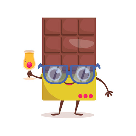 Cute dessert character. Chocolate in sunglasses holds a cocktail in his hand. summertime.のイラスト素材