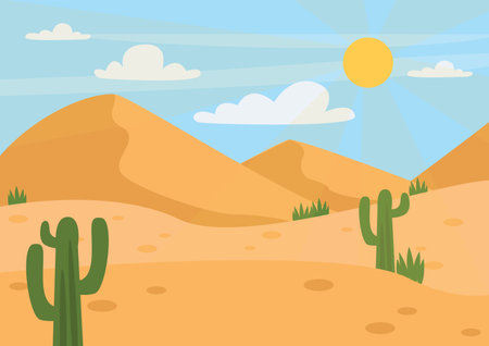 Summer landscape. beautiful background. Desert, sand, cacti, sky, sun and clouds.のイラスト素材