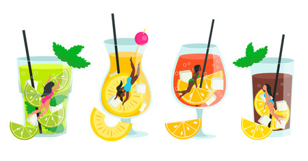 Set of different popular cocktails with floating girls inside the glass. vector graphic.のイラスト素材