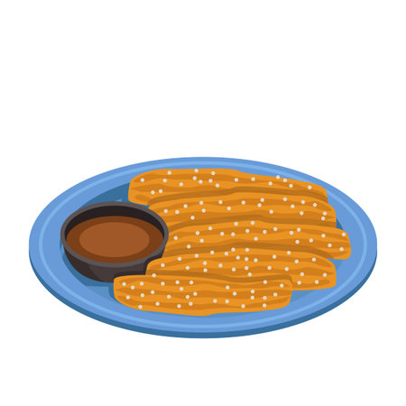 Churros. Sweet roasted pastry dough with sugar and chocolate sauce. Dessert. vector graphic.のイラスト素材