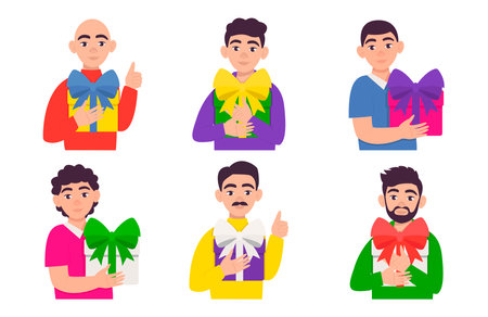 Set of men with gift boxes. vector graphic.のイラスト素材