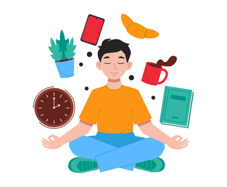 Man sits in the lotus position and meditates. Everyday things fly around. vector graphic.のイラスト素材