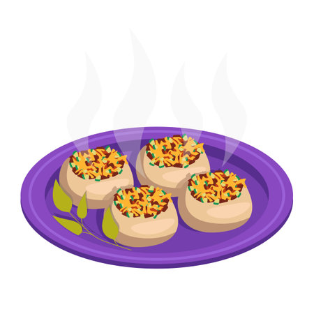 Baked champignons stuffed with meat, vegetables and cheese. vector graphic.のイラスト素材