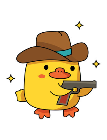 Dangerous cute duck with different weapons. With a cowboy hat and a gun. vector graphic.のイラスト素材